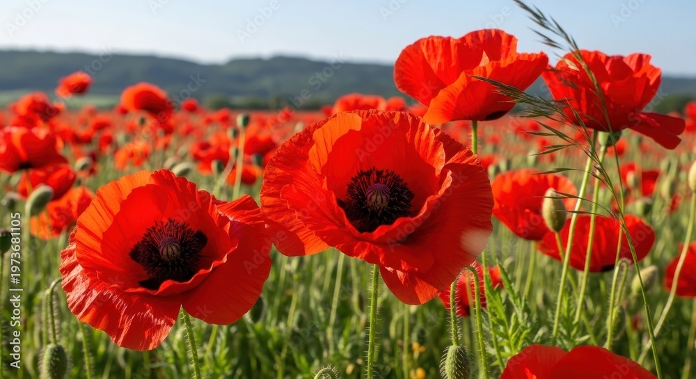 Obraz premium A vibrant field of blooming red poppies reaching towards a soft and cloudy overcast morning sky.