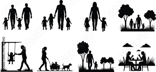 Family silhouettes collection vector illustration, parents and children outdoor activities, walking playing dining scenes, parenting lifestyle concept, park 