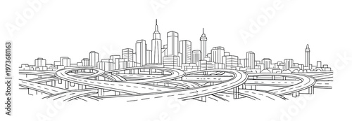 City skyline with elevated highway interchange in foreground