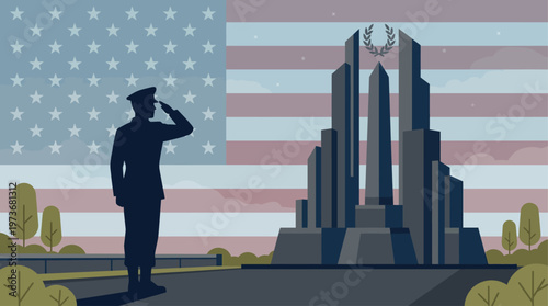 A powerful flat design illustration depicting a soldier's silhouette saluting an abstract memorial monument, conveying deep respect and honor for fallen heroes. 