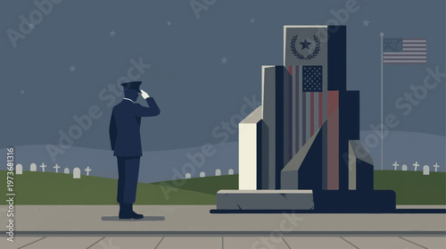 A powerful flat design illustration depicting a soldier's silhouette saluting an abstract memorial monument, conveying deep respect and honor for fallen heroes. 