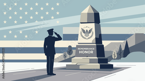 A powerful flat design illustration depicting a soldier's silhouette saluting an abstract memorial monument, conveying deep respect and honor for fallen heroes. 