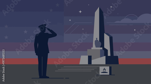 A powerful flat design illustration depicting a soldier's silhouette saluting an abstract memorial monument, conveying deep respect and honor for fallen heroes. 
