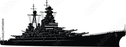 Battleship Silhouette Military Warship Naval Vessel with Heavy Guns Radar Systems and Detailed Structure Isolated Vector Illustration