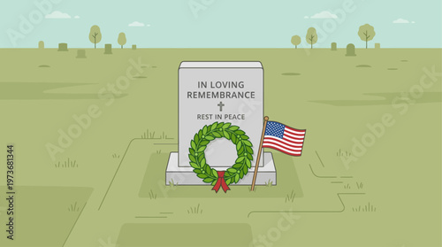 A respectful flat design illustration showcasing a stylized gravestone adorned with a green wreath and an American flag, symbolizing remembrance and peace. 