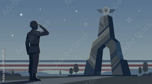 A powerful flat design illustration depicting a soldier's silhouette saluting an abstract memorial monument, conveying deep respect and honor for fallen heroes. 