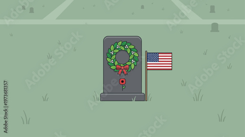 A respectful flat design illustration showcasing a stylized gravestone adorned with a green wreath and an American flag, symbolizing remembrance and peace. 