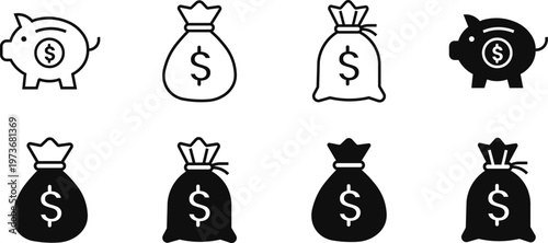 Piggy bank and money bag icons in black and white styles depicting personal savings methods wealth storage and financial safety using simple outline and flat filled vector shapes.
