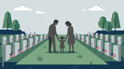 This flat design illustration portrays a stylized family respectfully visiting a cemetery adorned with small flags, embodying the solemn tradition of Memorial Day remembrance.