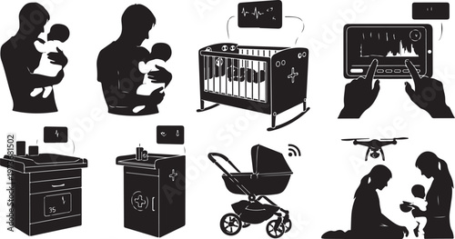 Silhouette icons of modern parenting and baby care technology