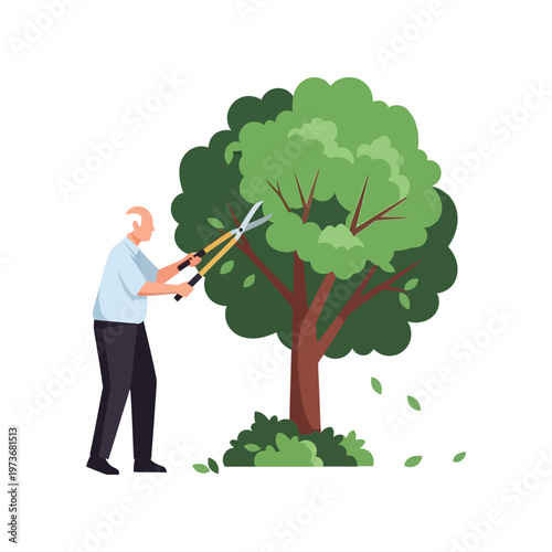 Man pruning tree with large shears in flat illustration for gardening