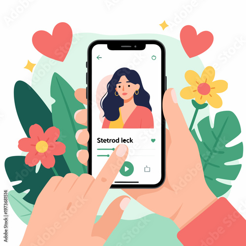 A young woman taking a selfie on her smartphone, surrounded by colorful hearts and tropical foliage. Vector.
