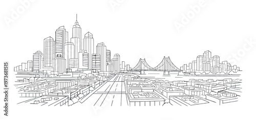 Downtown skyline with central highrises and suspension bridge