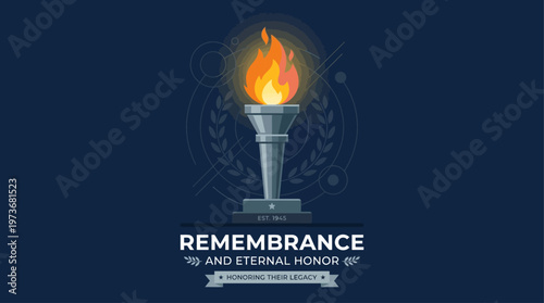 A poignant flat design illustration depicting an eternal flame burning atop a sleek, abstract torch, symbolizing remembrance and everlasting honor. 
