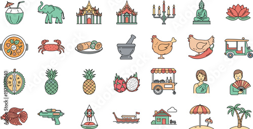 Cultural and Food Icons Set Featuring Thai Culture, Tropical Fruits, Street Food, and Traditional Elements for Travel, Cuisine, and Heritage Designs