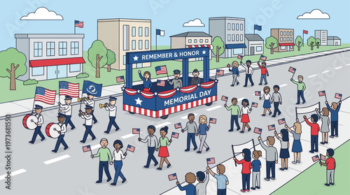 An abstract flat design illustration capturing the essence of a Memorial Day parade, with stylized figures and patriotic elements, symbolizing community and respectful remembrance. 
