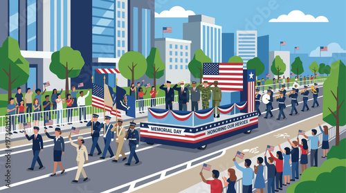 An abstract flat design illustration capturing the essence of a Memorial Day parade, with stylized figures and patriotic elements, symbolizing community and respectful remembrance. 