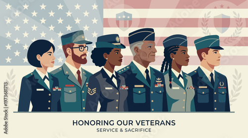 A dignified flat design illustration featuring a group of diverse, stylized veteran profiles, symbolizing their service and sacrifice on Memorial Day. 