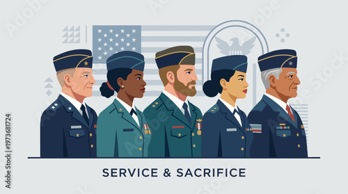 A dignified flat design illustration featuring a group of diverse, stylized veteran profiles, symbolizing their service and sacrifice on Memorial Day. 