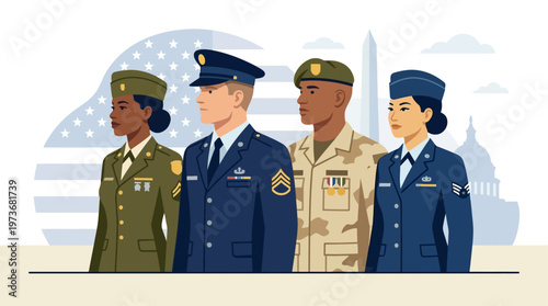 A dignified flat design illustration featuring a group of diverse, stylized veteran profiles, symbolizing their service and sacrifice on Memorial Day. 
