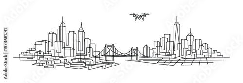 Twin city skylines connected by bridge with drone flying above water