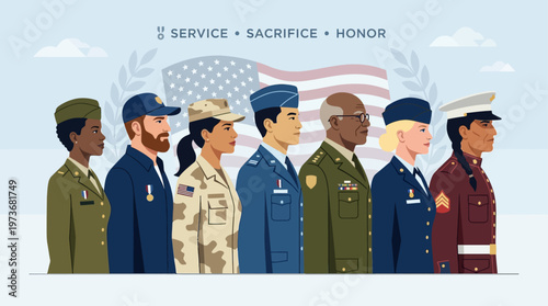 A dignified flat design illustration featuring a group of diverse, stylized veteran profiles, symbolizing their service and sacrifice on Memorial Day. 
