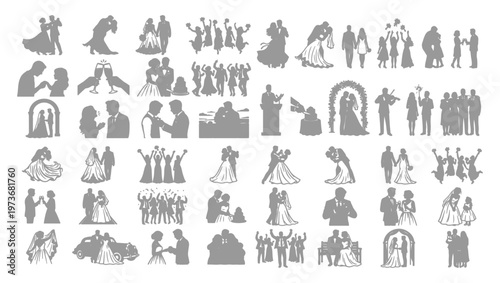Wedding ceremony and celebration silhouettes collection featuring couples dancing and party moments