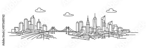City skyline with suspension bridge spanning waterfront