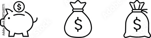 Minimalist outline icons of a ceramic piggy bank with a dollar coin and heavy money bags illustrating traditional ways of saving currency and building up personal wealth over time.
