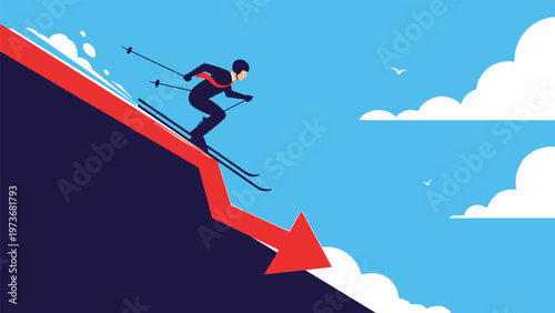 Determined businessman skiing down a steep red downward trending arrow representing navigating a market crash or financial crisis.