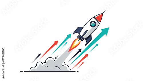 Colorful space rocket launching upwards accompanied by several multi-colored rising arrows representing growth, momentum, and success.