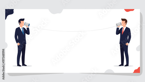 Illustration of two businessmen in suits standing far apart while communicating through a traditional tin can phone on a clean background.