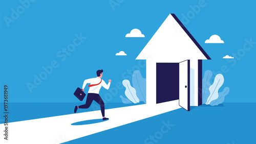 Businessman running towards a house with an open door symbolizing home ownership or real estate opportunities and professional success in property.