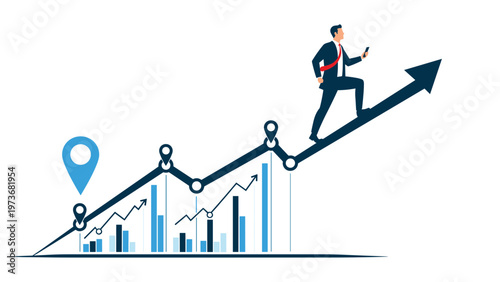 Determined businessman climbing a rising growth arrow with data charts and location markers representing successful business development and progress.