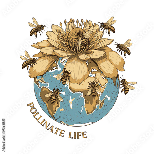 Bees Pollinating Flower on Planet Earth and Text Pollinate Life Illustration