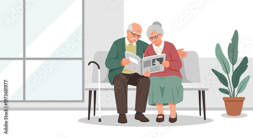 Elderly Couple Reading Newspaper Together on a Bench, Senior Lifestyle