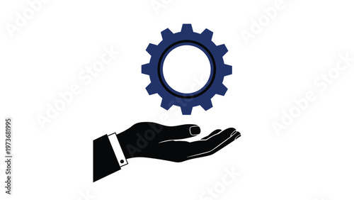 Professional businessman hand holding a blue mechanical gear representing industry expertise and technical support services in a modern business world.