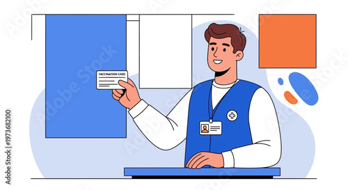 Employee Holding Identification Card at Reception Desk, Security Checkpoint