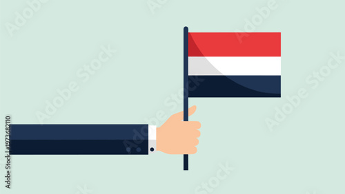 Hand in a business suit holding the flag of the Netherlands against a light green background representing national pride and international relations.