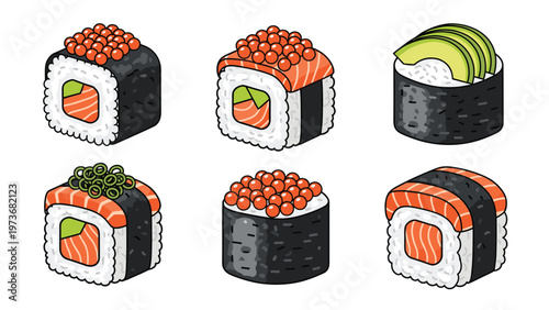 Delicious assortment of six different sushi rolls including salmon avocado and caviar for restaurant menus or food blog graphics.
