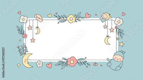 Adorable baby shower frame with moons stars and cute babies on a soft blue background for creating personalized birth announcements or invitations.