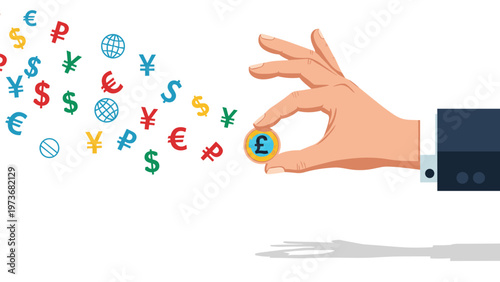 Hand reaching out to select a British pound coin from a variety of floating global currency symbols representing wise financial choices.