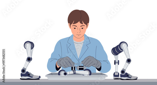 Engineer Assembling Prosthetic Leg Components in a Modern Workshop