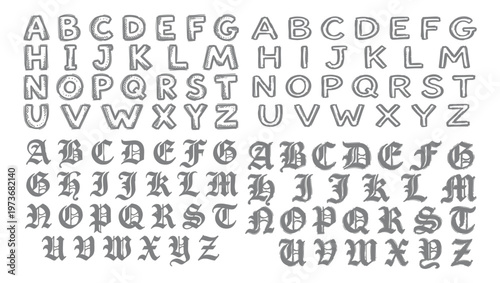 Alphabet letter set with various hand drawn sketch and vintage gothic font styles
