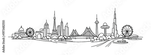 Detailed city skyline outline with ferris wheels and bridge