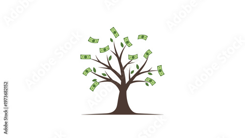 Thriving money tree with green dollar bills growing on branches representing long term financial growth and successful investments.
