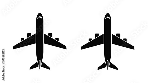 Silhouettes of two commercial airplanes flying representing air travel and international transportation services for global tourism industries.