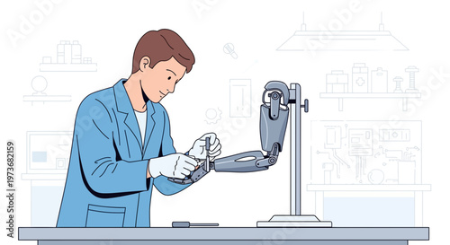 Engineer assembling robotic arm in laboratory, innovation and future technology concept
