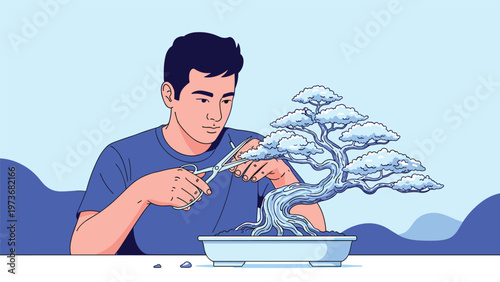 Focused young man carefully trimming a miniature bonsai tree with scissors representing patience and attention to detail in horticultural hobbies.