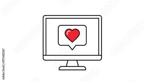 Modern computer monitor displaying a red heart inside a speech bubble representing online dating and social media interaction messages.